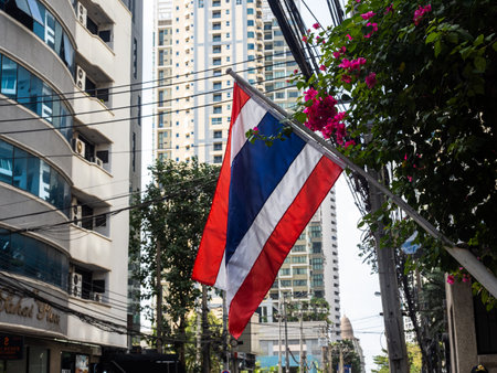 Amidst the lush greenery of Bangkok's streets, the Thai Flag proudly flutters in the breeze. As the country's national symbol, it serves as a reminder of the rich cultural heritage and natural beauty that Thailand has to offer. The perfect representation of a vibrant and colorful country.の写真素材