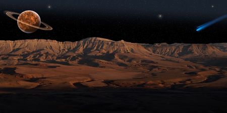 Panoramic view on red planet under the starry sky.の写真素材