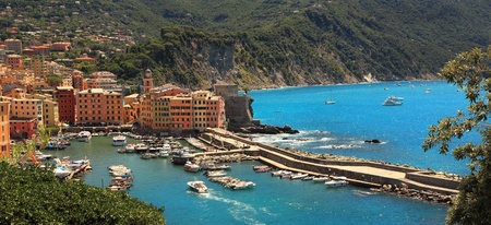 Aerial panoramic view on small italian town and bay on Mediterranean Sea in Liguria, Italy.の写真素材