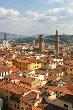 Vertical oriented image of aerial view on red roofs and ancient towers of Florence, Italy.の写真素材