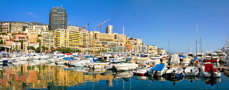 Panoramic view on marina with yachts and residential buildings in Monte Carlo, Monaco.のeditorial素材