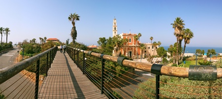 Panoramic view on old catholic church in historic center of Yafo, Israel.の写真素材