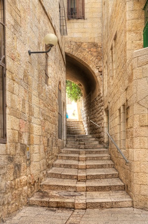Vertical oriented image of old street in historic part of Jerusalem, Israel.の写真素材