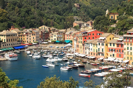 Aerial view on small harbor and Portofino - small town on Ligurian sea in northern Italy.の写真素材