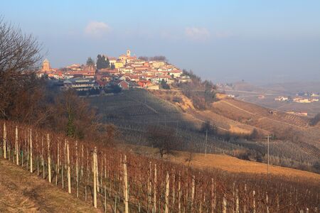 Rural view on small town and vineyards on the hills of Piedmont, northern Italy.の写真素材