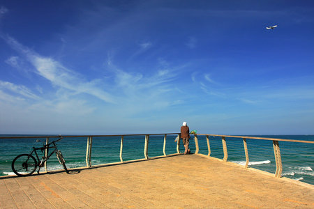 View on Mediterranean sea from promenade in Tel Aviv, Israel.の写真素材
