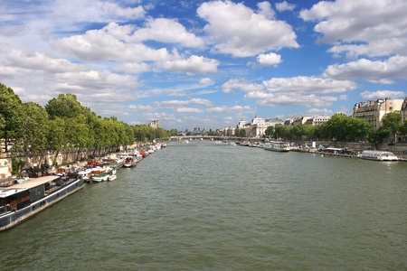 Skyline view of Paris under beautiful blue sky with white clouds の写真素材