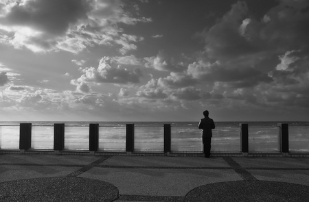 View on Mediterranean Sea from promenade in Tel Aviv, Israel  black   white  の写真素材