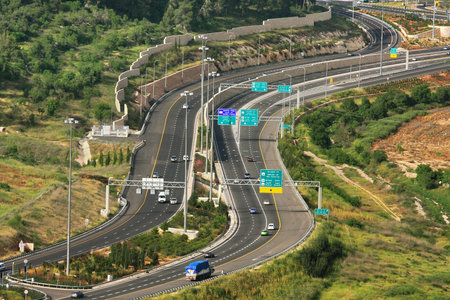 Aerial view on Highway among hills in Jerusalem, Israel 