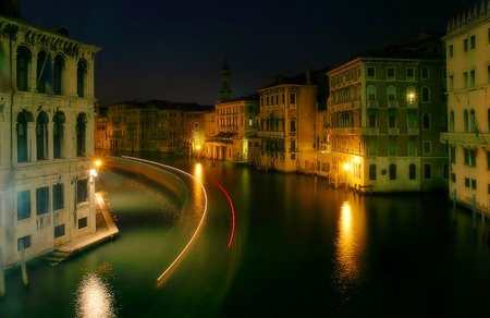 Light traces on Grand canal at night in Venice, Italy の写真素材