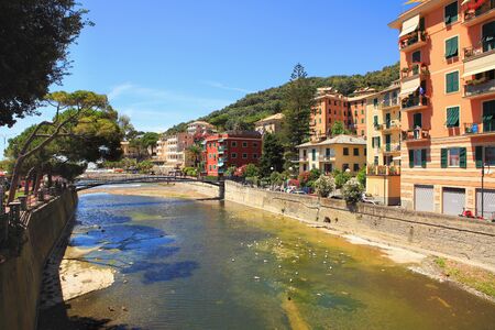 Multicolored houses in Recco - popular touristic resort on Mediterranean Sea in northern Italy の写真素材