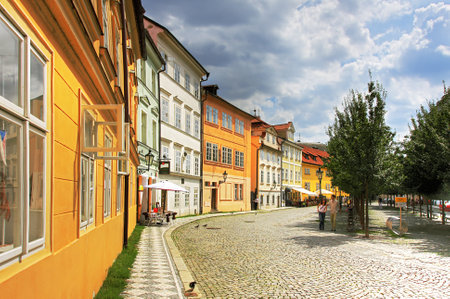 View on old street with multicolored houses in Prague のeditorial素材