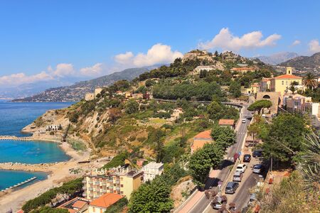 Aerial view on hills and mountains along Mediterranean sea on italian riviera in Ventimiglia, Italy の写真素材