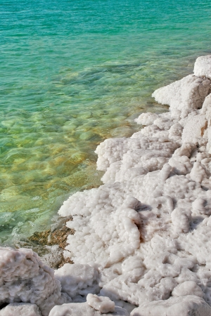 Vertical oriented image of salt formations on the Dead Sea along beautiful clear aquamarine colored water in Israel の写真素材
