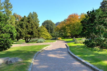 Narrow cobbled alley among green lawns and trees under clear blue sky at botanical part of famous Valentino Park in Turin, Italy の写真素材