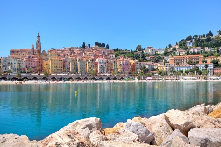 View of coastline and multicolored houses of small town of Mentonの写真素材