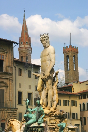 Vertical oriented image of famous Fountain of Neptune in Florence, Italy の写真素材