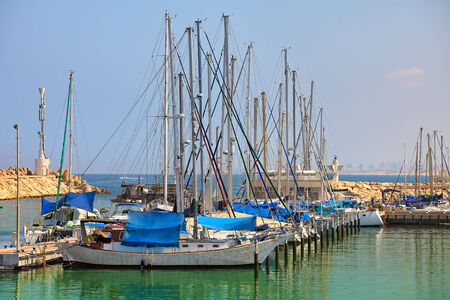 Marina and yachts on Mediterranean sea in city of Ashqelon, Israel の写真素材
