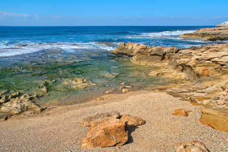 Waves and rocks at Rosh HaNikra national reserve area on Mediterranean sea in Israel の写真素材