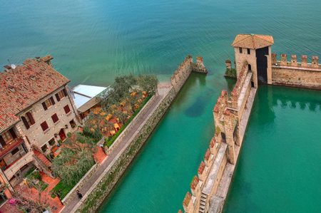 Fragment of surrounding wall of medieval Scaliger castle situated on Lake Garda in Italy  view from above  のeditorial素材