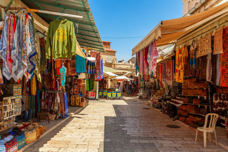JERUSALEM, ISRAEL - AUGUST 21, 2013  Bazaar in Old City offers middle east traditional products and souvenirs  It is very popular with locals, tourists and pilgrims visiting Jerusalem, Israel のeditorial素材