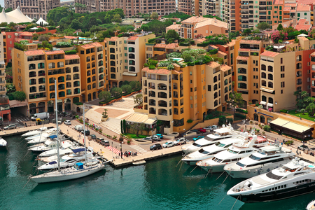 Marina with yachts and boats between modern buildings in Monte Carlo, Monaco  view from above  の写真素材