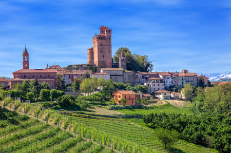 Small town and green vineyards on downhill in spring in Piedmont, Northern Italy のeditorial素材