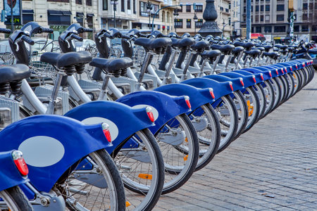 Urban bicycles on sharing station in Valencia, Spain のeditorial素材