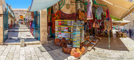 JERUSALEM, ISRAEL - AUGUST 21, 2013  Bazaar in Old City offer middle east traditional products, souvenirs and religious icons  It is very popular with tourists and pilgrims visiting Jerusalem, Israel  panorama  のeditorial素材