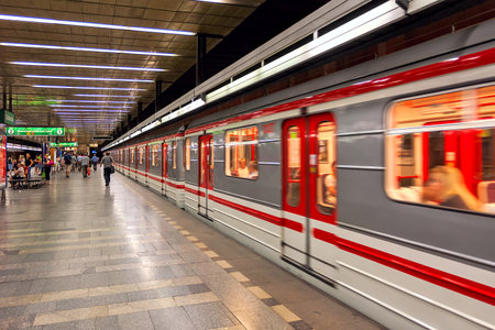 PRAGUE CZECH REPUBLIC  JULY 16 2009: Train leaves metro station  rapid transit network of Prague founded in 1974 contains 3 lines 57 stations is 59.4 kilometres long which makes it fifth busiest metro system in Europe.のeditorial素材