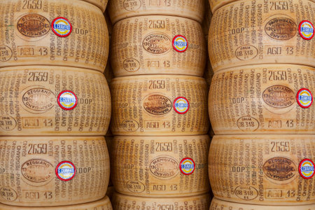 BRA, ITALY - SEPTEMBER 18, 2015: Wheels of Parmesan - famous italian hard cheese made from raw cow's milk, often grated over dishes and named after producing areas near Parma, Italy.のeditorial素材