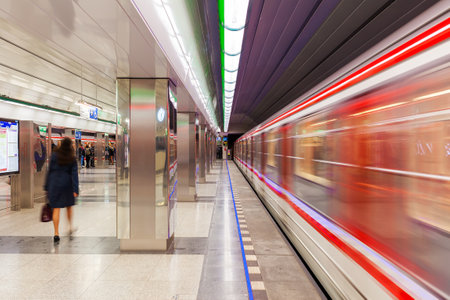 PRAGUE, CZECH REPUBLIC - SEPTEMBER 23, 2015: Modern station of Prague metro - 65.2 kilometres long, founded in 1974, has 3 lines and 61 stations. Its is fifth busiest metro system in Europe.のeditorial素材