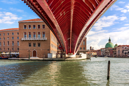 View on Grand canal from under the modern  Constitution Bridge in Venice, Italy.の写真素材