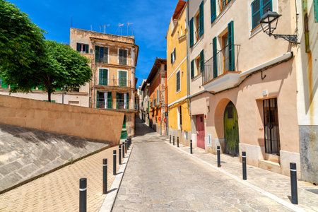 Typical narrow street among old houses in Old Town of Palma de Mallorca, Spain.