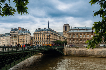 PARIS, FRANCE - MAY 24, 2016: People or the bridge over Seine river and typical parisian buildings on background in Paris - capital and most populous city in France, popular tourist destination.のeditorial素材