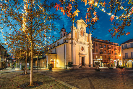 San Giovanni Battista church on small town square surrounded by the trees with Christmas illumination in the evening in Alba, Piedmont, Northern Italy.の写真素材