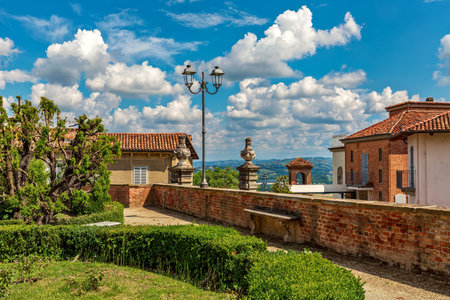 Green bushes in the park and typical houses under beautiful blue sky with white clouds in small town...