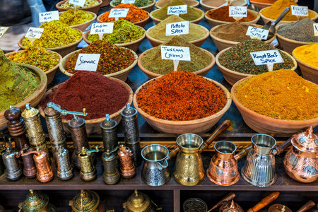 Traditional spices and artisanal kitchen utensils on famous market in Old City of Jerusalem, Israel.の写真素材