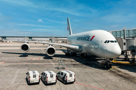 PARIS, FRANCE - JULY 11, 2015: Commercial A380 airplane of the Airfrance carrier on the ground at Paris Charles de Gaulle Airport (aka Roissy) - principal airport serving the French capital and the largest international airport in France.のeditorial素材