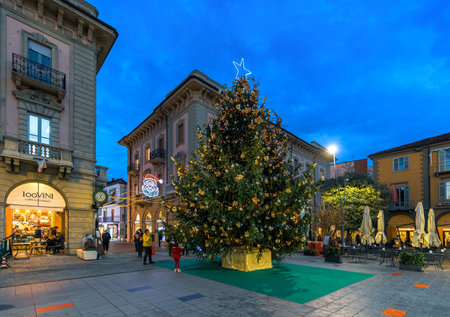 ALBA, ITALY - DECEMBER 15, 2020: Big Christmas tree on town square in the evening in Alba - capital of Langhe area, famous for wine production and white truffles, popular travel destination.のeditorial素材
