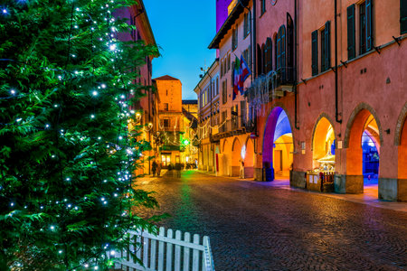 Christmas tree on illuminated and decorated cobblestone street in old town of Alba in Piedmont, Northern Italy.の写真素材