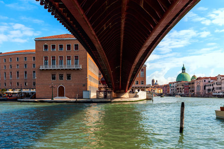 View on Grand canal from under the modern Constitution Bridge in Venice, Italy.の写真素材