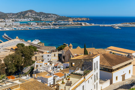 View from above of the houses in old city and Mediterranean sea in Eivissa, Ibiza, Spain.の写真素材