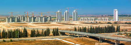 Aerial panorama of the modern residential buildings construction site in the city of Kiryat Gat, Israel.の写真素材