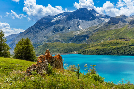 Picturesque view of a turquoise water of Mont Cenis lake surrounded by green slopes and mountains under beautiful blue sky with white clouds in the French Alps.の写真素材