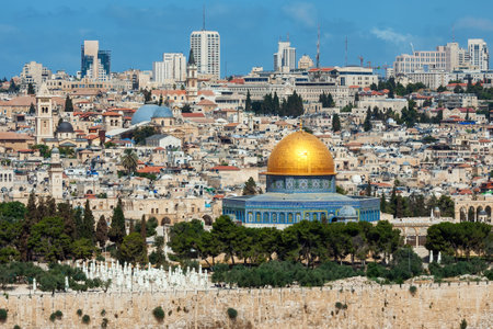 Aerial view of the famous Dome of the Rock mosque and Old City of Jerusalem, Israel.の写真素材