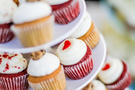 Few chocolate cupcakes on the white plateの写真素材