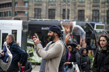 Guys is making pictures of the pillow flight event in Amsterdamのeditorial素材