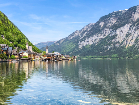 Scenic view of the famous Hallstatt lake and villageの写真素材
