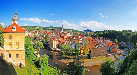 Aerial panoramic view of Cesky Krumlov Castle and Vltava Riverのeditorial素材
